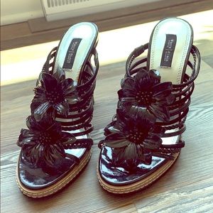 WHBM Black Patent Strappy Sandals Heels